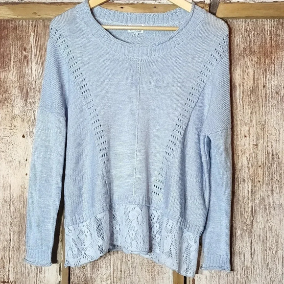 Keren Hart knit crochet lace lightweight sweater drop shoulder blue small - Picture 1 of 7